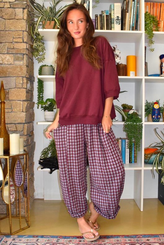 Vivienne Plaid Relaxed Barrel Pant Aubergine & Denim